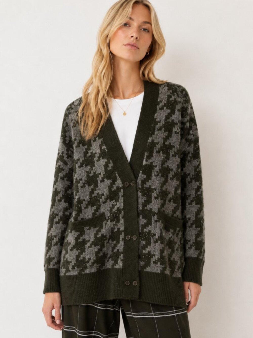 Madewell Allston Houndstooth Double Button Wool Blend Cardigan Grey Green L